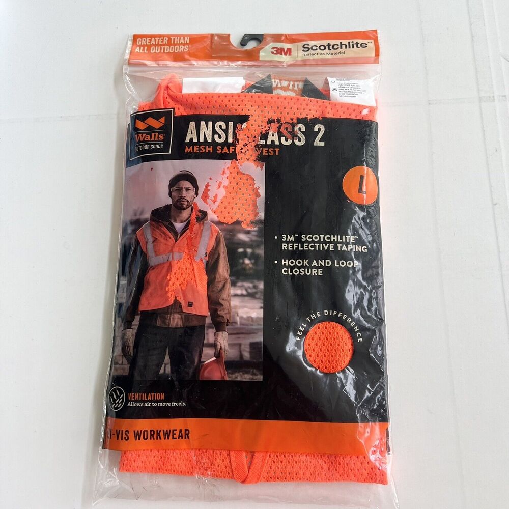 New WALLS Ansi Class 2 Mens Orange Hi-Vis Mesh Safety Vest LARGE YE119V09